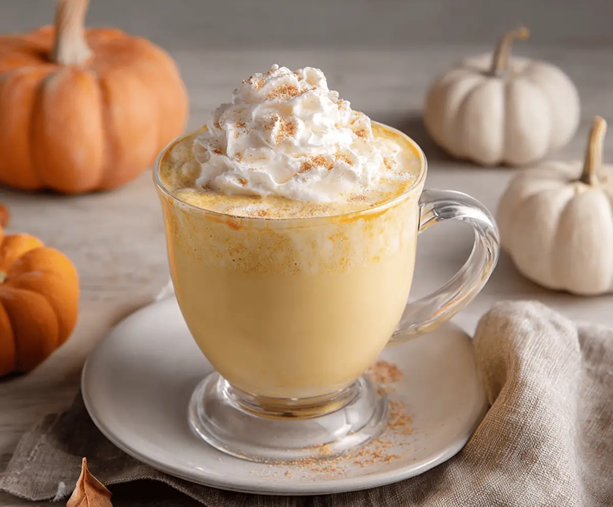 Creamy pumpkin white hot chocolate topped with whipped cream and cinnamon in a cozy mug.