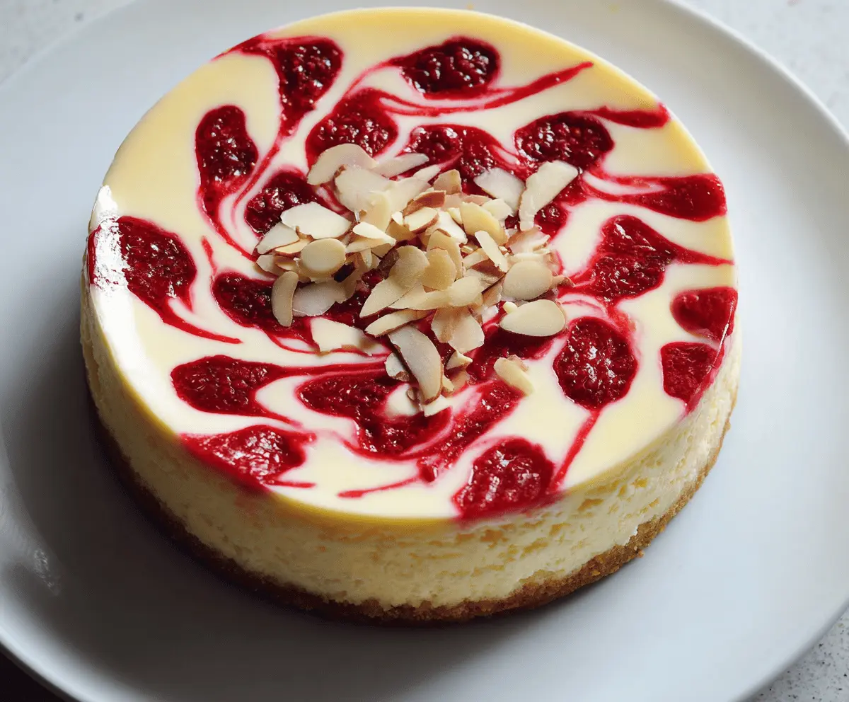 Delicious Raspberry Almond Cheesecake with fresh berries and almond topping