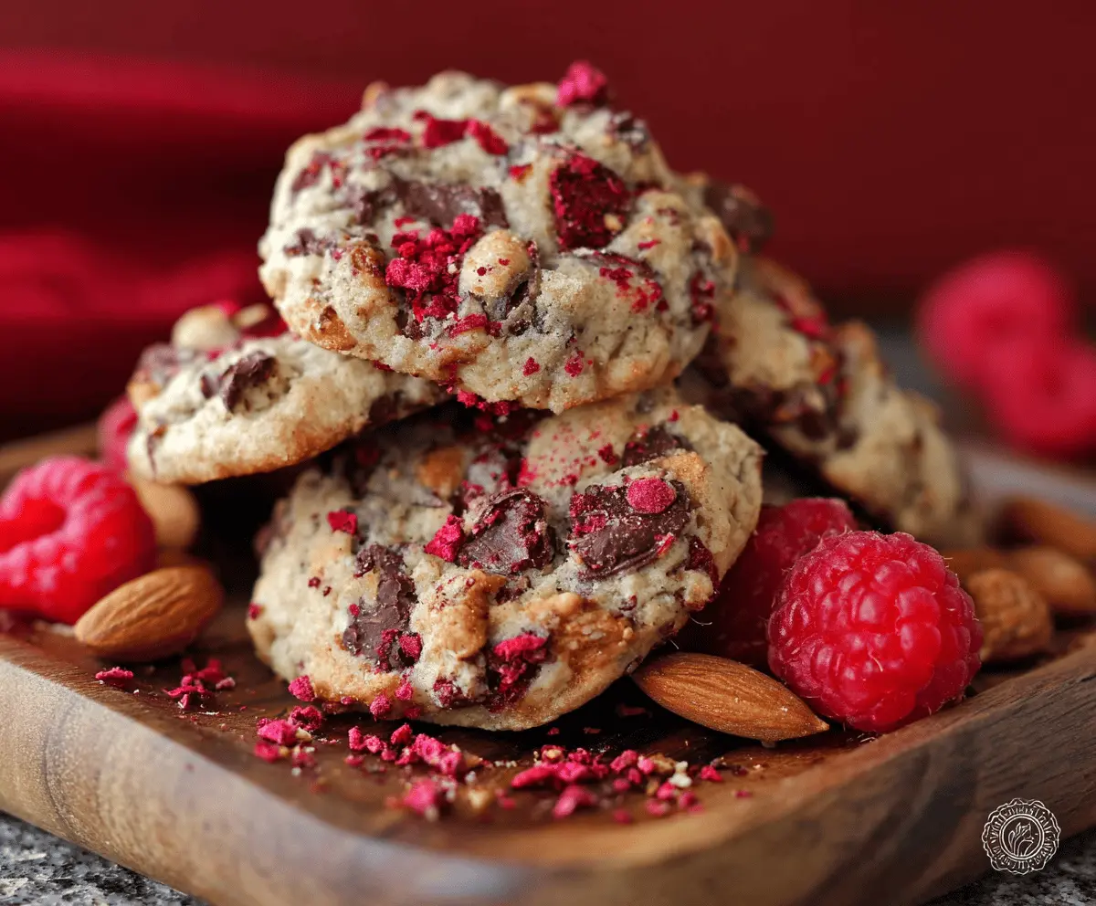 Delicious Raspberry Almond Cookies topped with vibrant freeze-dried berries and sliced almonds.