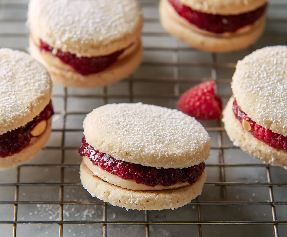 Delicious raspberry almond sandwich cookies with fresh berries and almond filling.