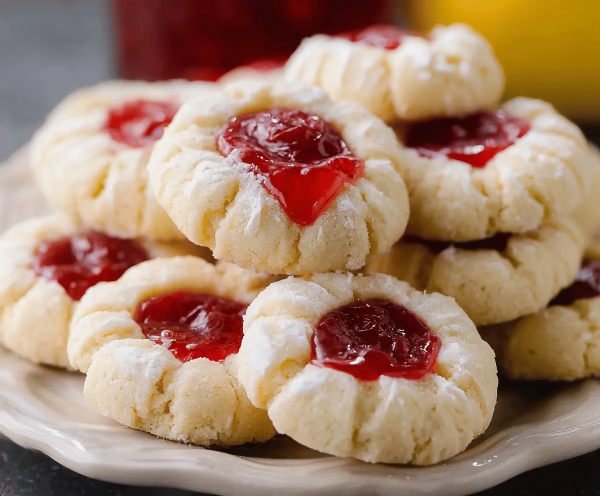 Delicious Raspberry and Lemon Thumbprint Cookies with vibrant red raspberries and zesty lemon flavor.