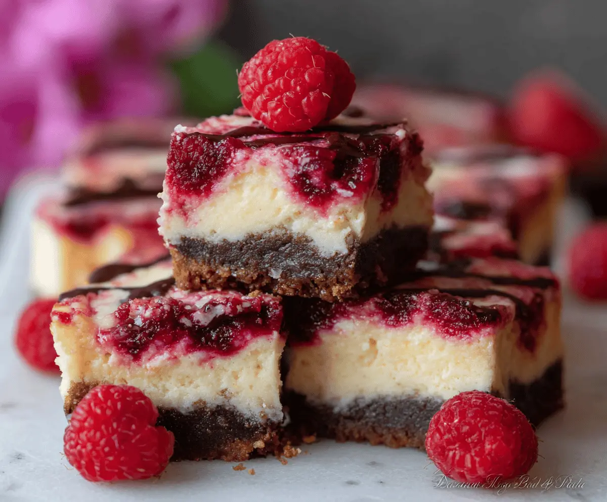 Delicious raspberry cheesecake bars with a creamy texture and vibrant berry topping.