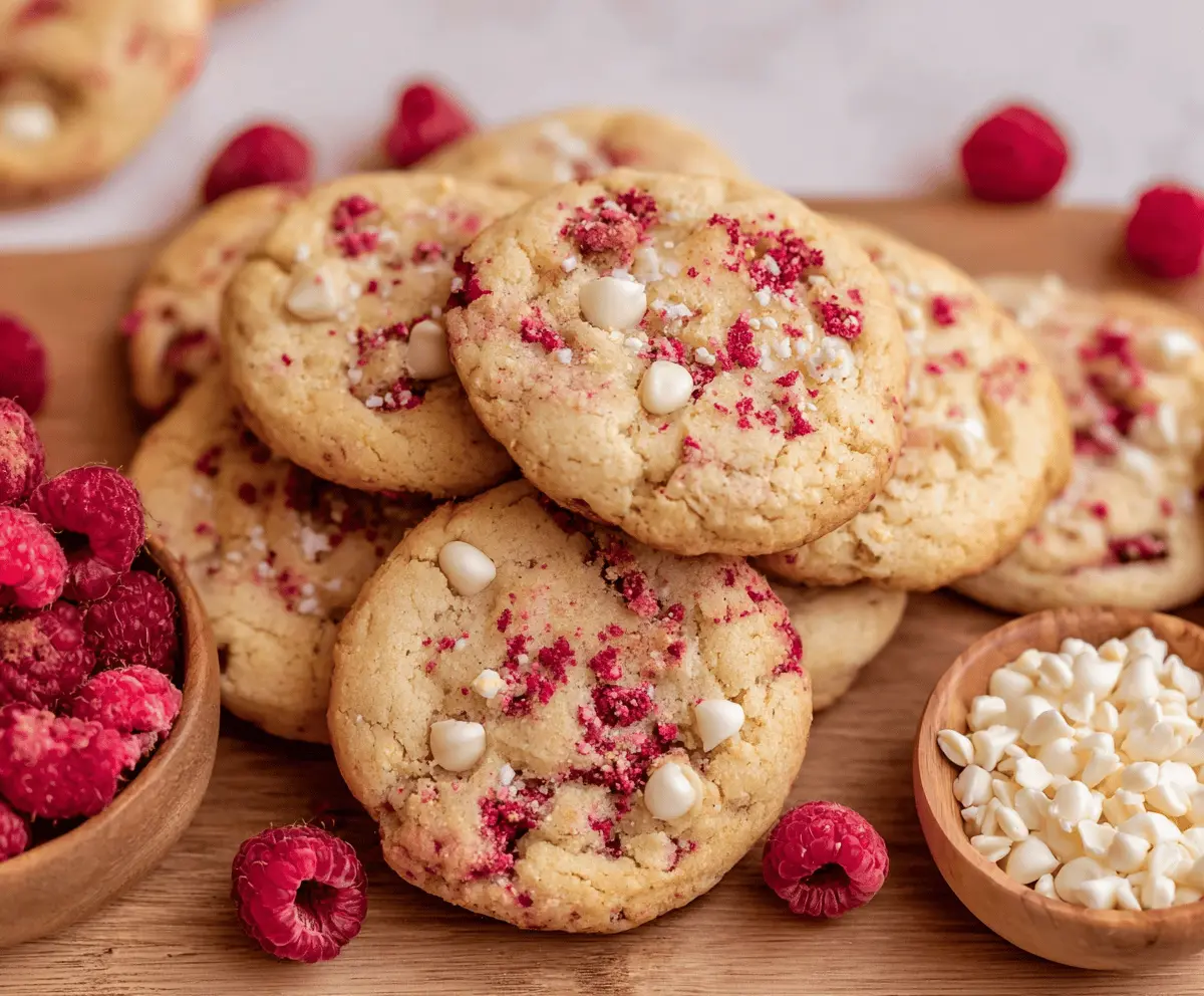 Delicious Raspberry Cheesecake Cookies with fresh raspberries and creamy cheesecake filling on a plate.