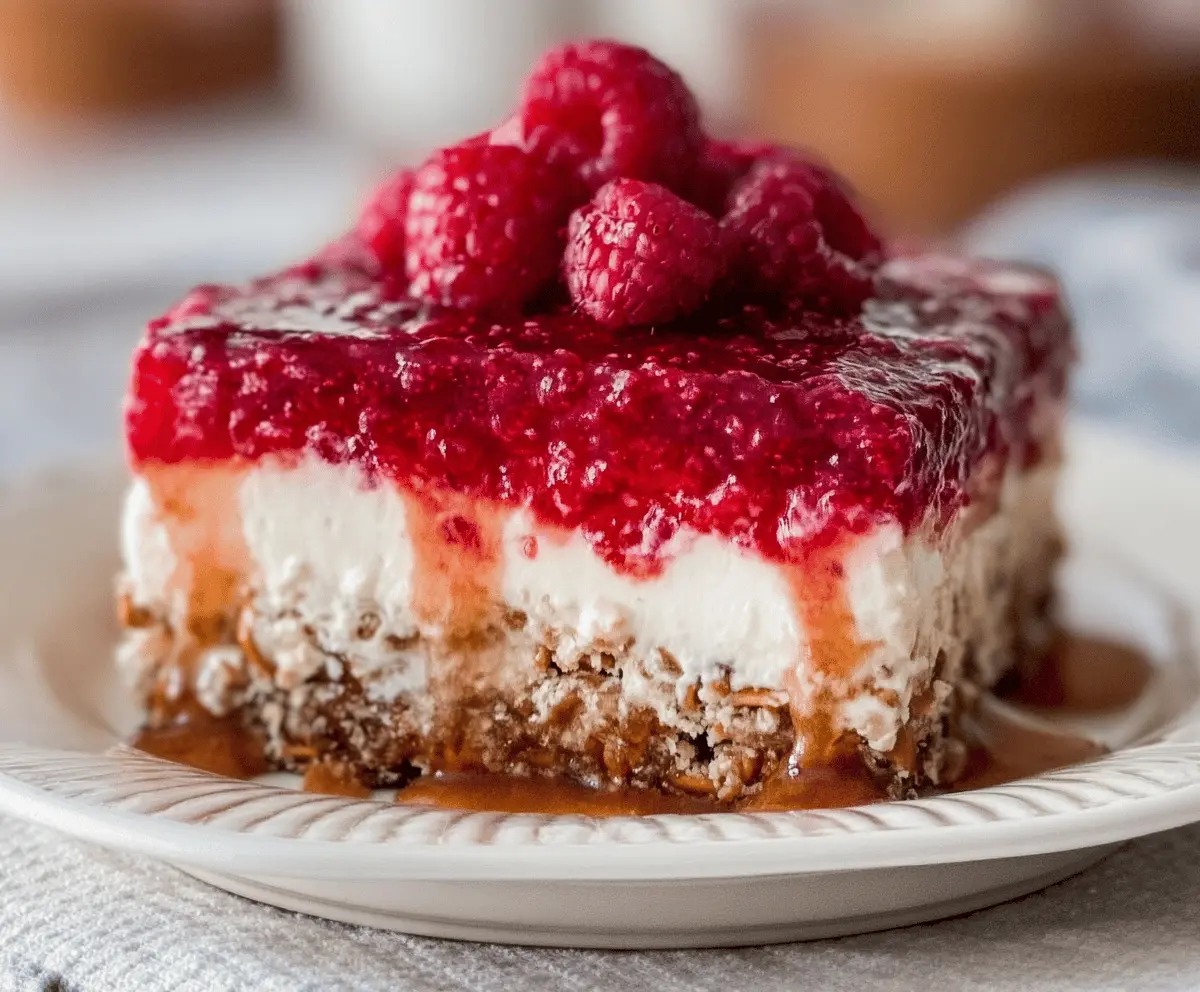 Delicious Raspberry Pretzel Salad Cake with fresh raspberries and crunchy pretzel crust