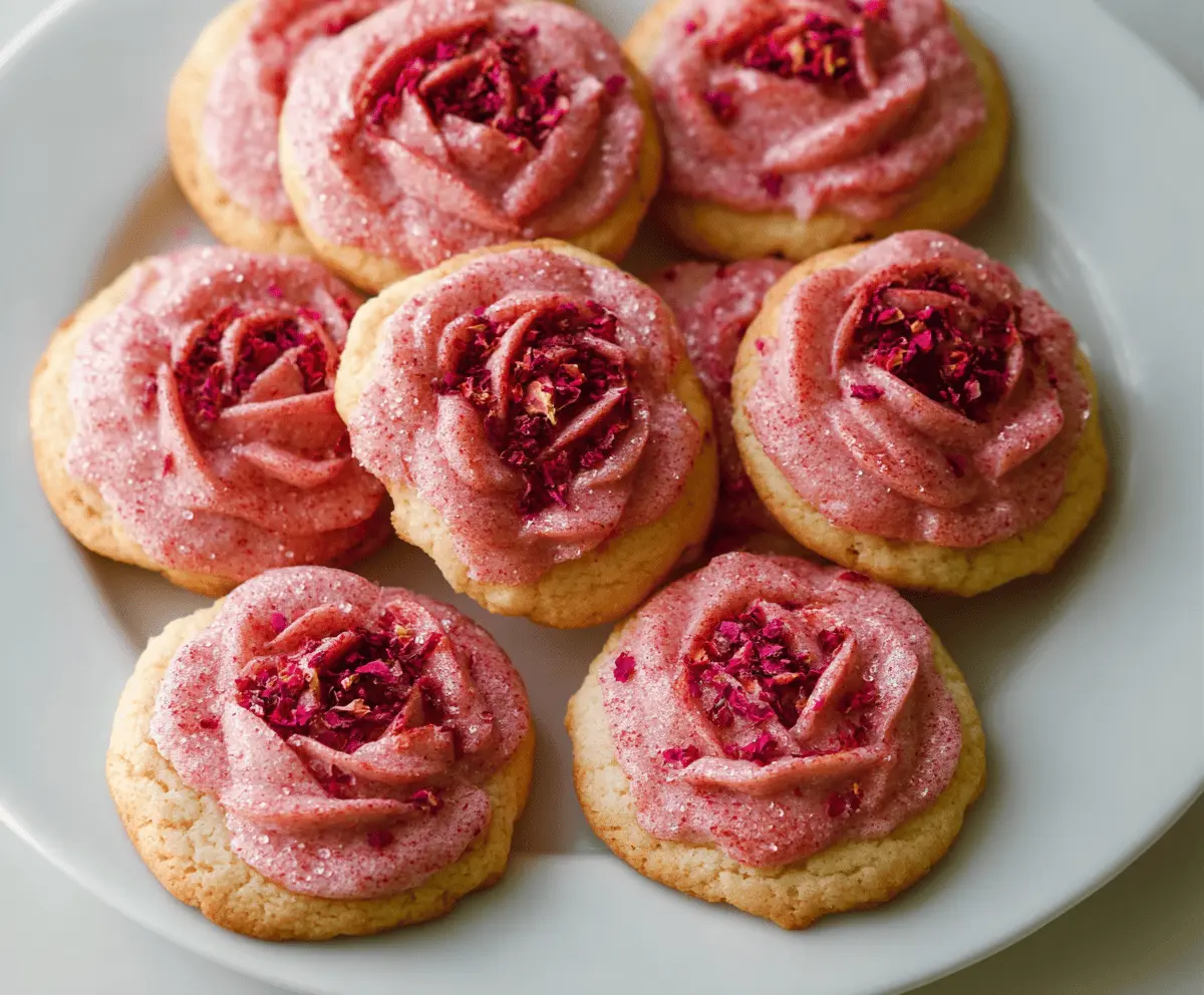 Delicious Raspberry Rose Cookies with a vibrant pink color and floral garnish ideal for dessert lovers.