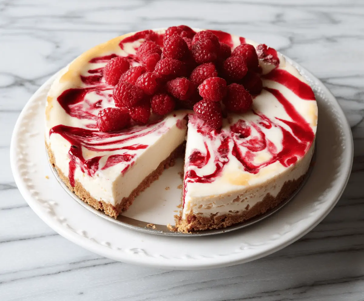 Delicious Raspberry Swirl Cheesecake with a vibrant raspberry swirl pattern on creamy surface