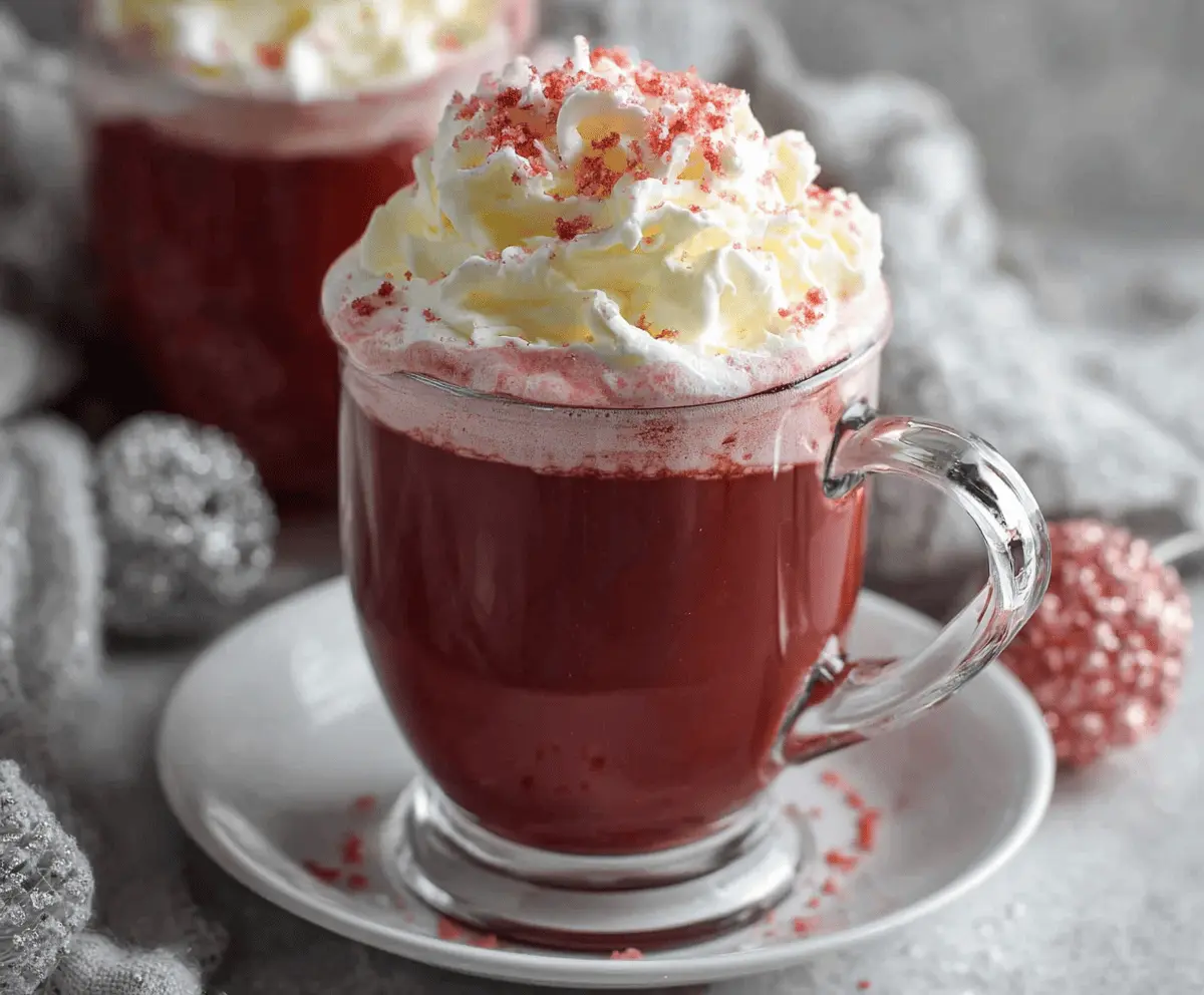 Creamy red velvet hot chocolate topped with whipped cream and chocolate shavings in a cozy mug.