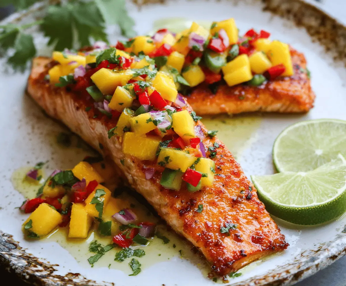 Delicious salmon fillet topped with vibrant fresh mango salsa, perfect for a healthy meal.