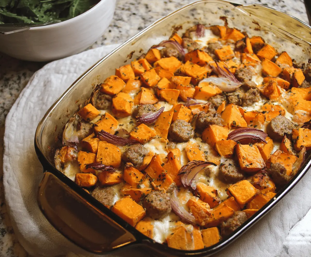 Delicious sausage and sweet potato casserole in a baking dish, perfect for a hearty meal.