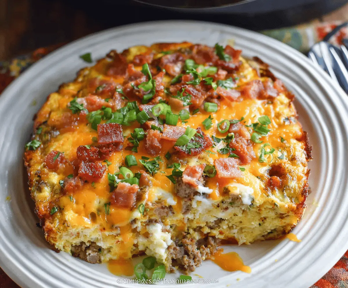 Delicious slow cooker breakfast casserole with eggs, cheese, and sausage ready to serve.