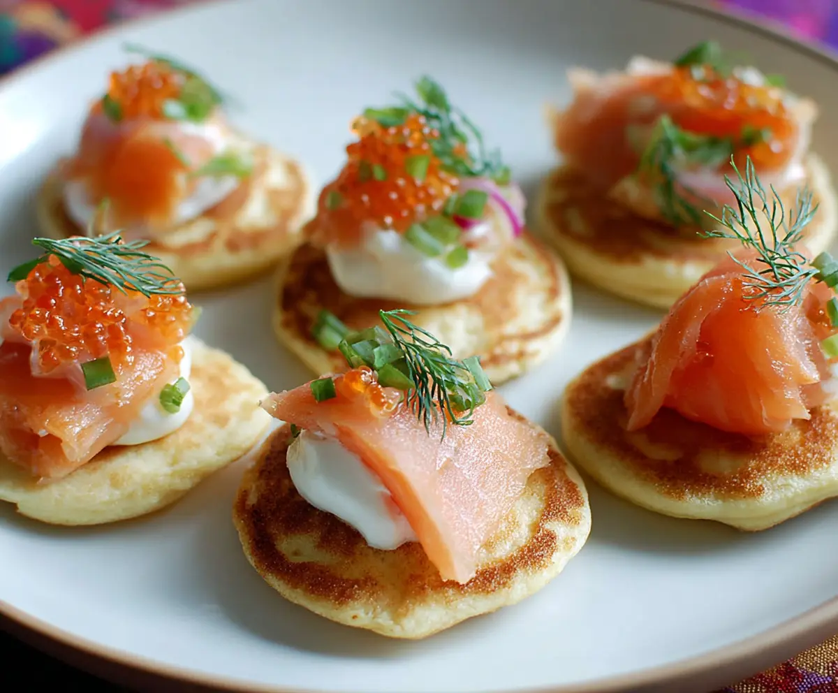Delicious smoked salmon blini bites garnished with fresh herbs on a elegant appetizer platter.
