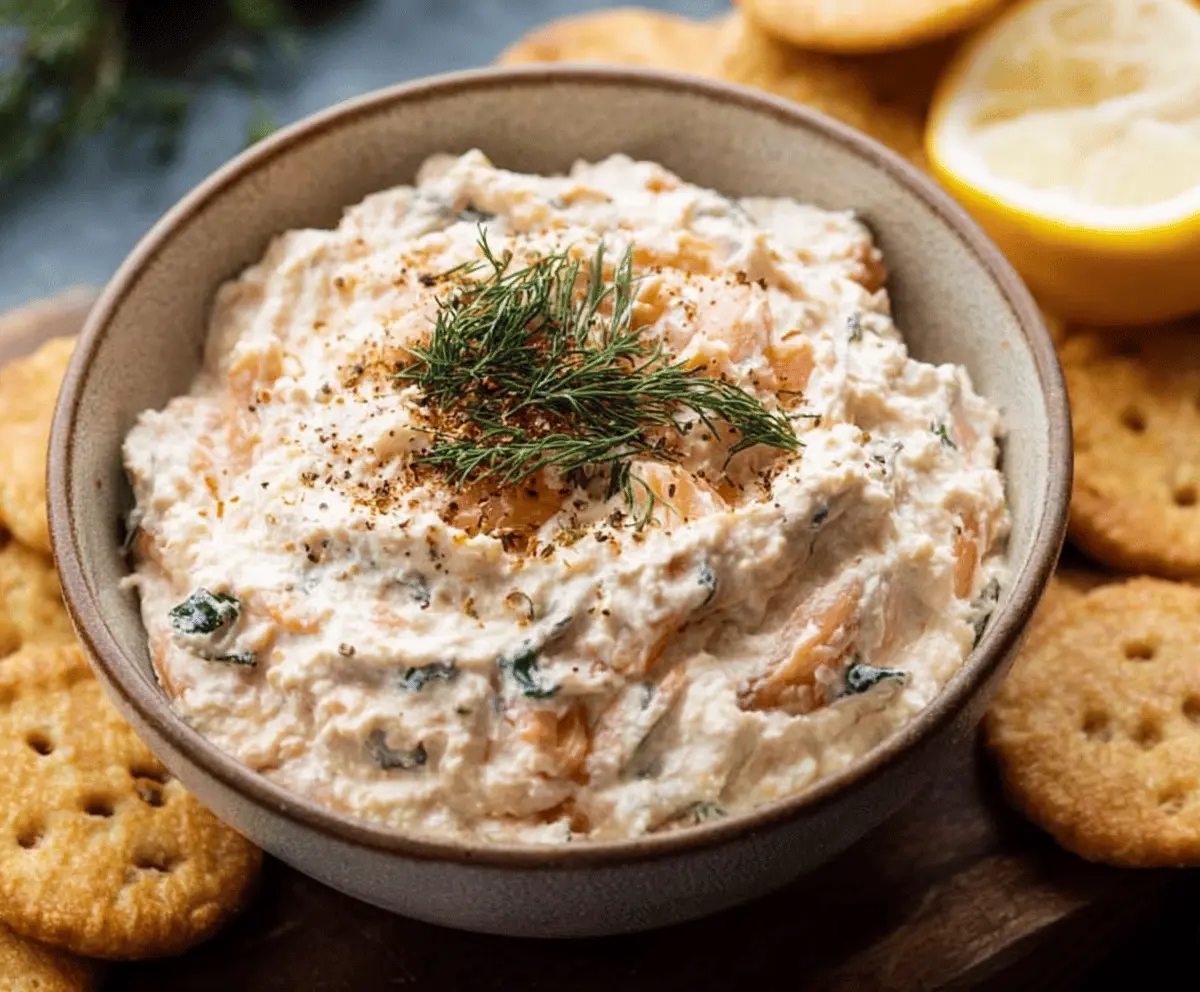 Creamy smoked salmon dip garnished with fresh herbs served with crackers and baguette slices.