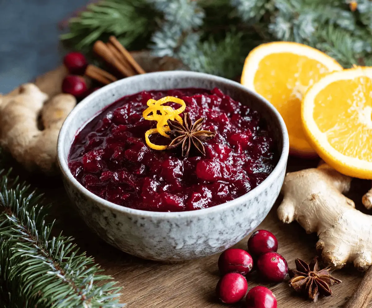Fresh spiced cranberry sauce with orange and ginger in a bowl, perfect for holiday desserts.