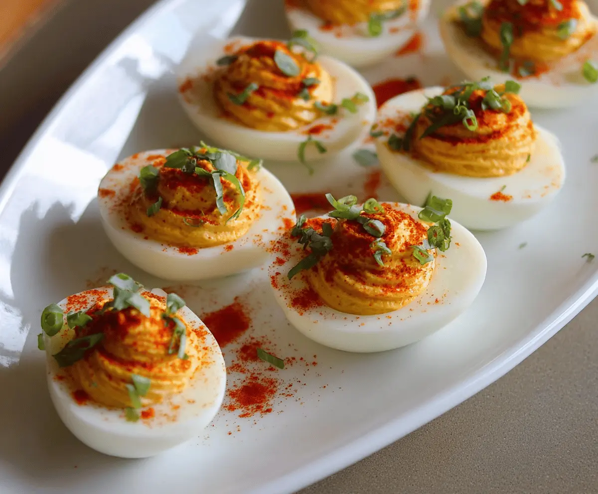 Spicy Sriracha Deviled Eggs garnished with paprika and fresh chives on a white plate.