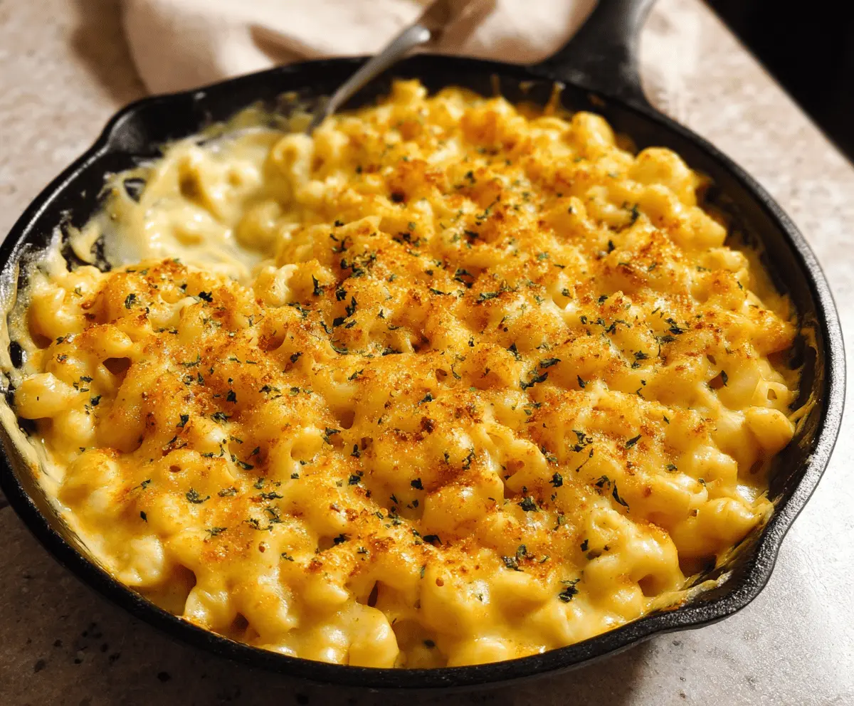 Creamy stovetop mac and cheese in a white bowl, garnished with parsley for a savory comfort food meal.