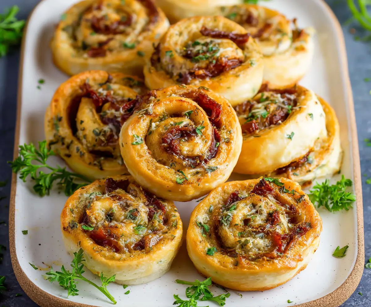 Delicious Sun-Dried Tomato Pesto Pinwheels with vibrant green pesto and flaky pastry slices.