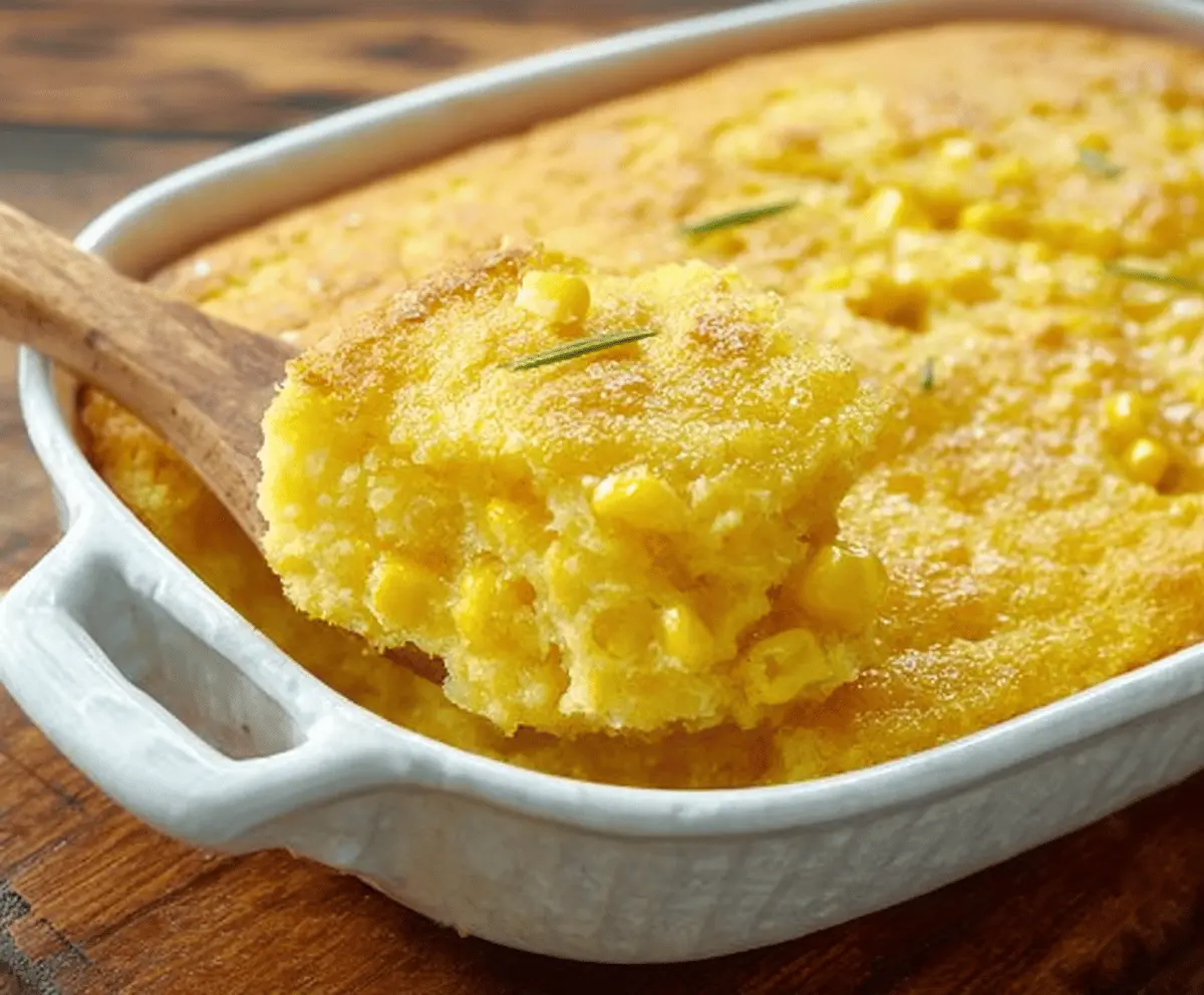 Creamy sweet corn pudding served in a rustic bowl, garnished with fresh herbs, perfect for a comforting dessert or side dish.