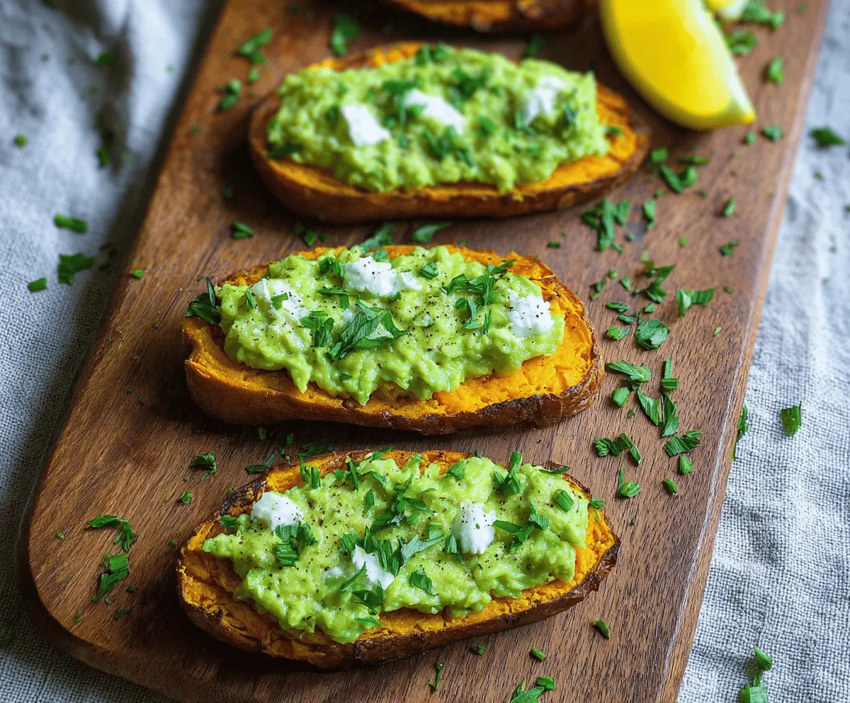 Delicious sweet potato avocado toast topped with fresh herbs and seeds for a healthy breakfast.
