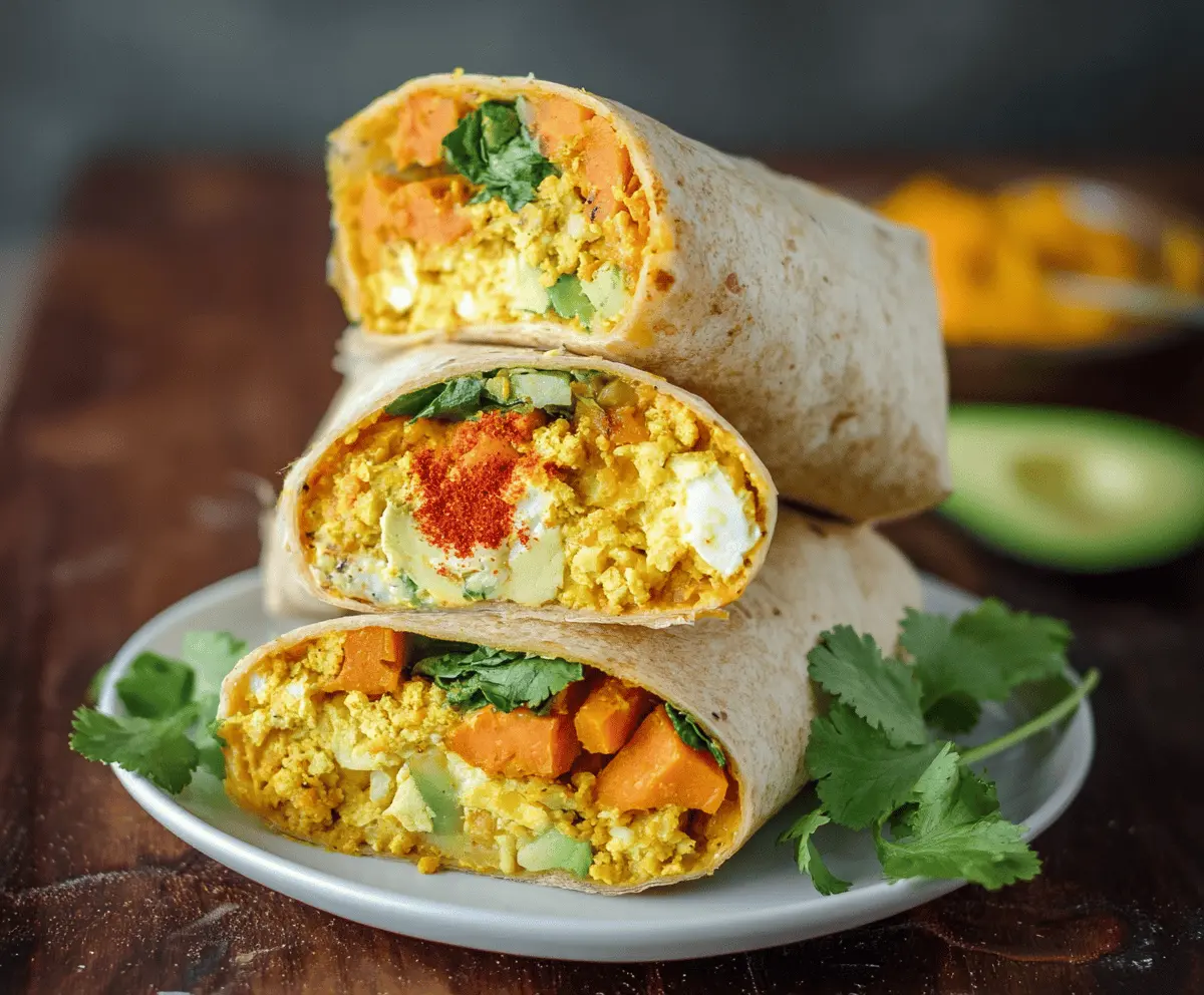 Delicious sweet potato breakfast burritos filled with eggs and veggies on a plate.