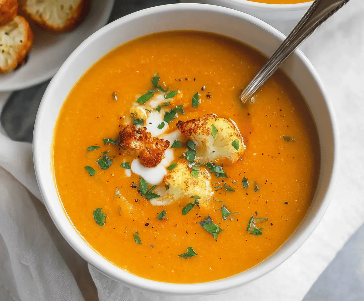 Creamy sweet potato and cauliflower soup in a white bowl, garnished with fresh herbs, perfect for a healthy meal.