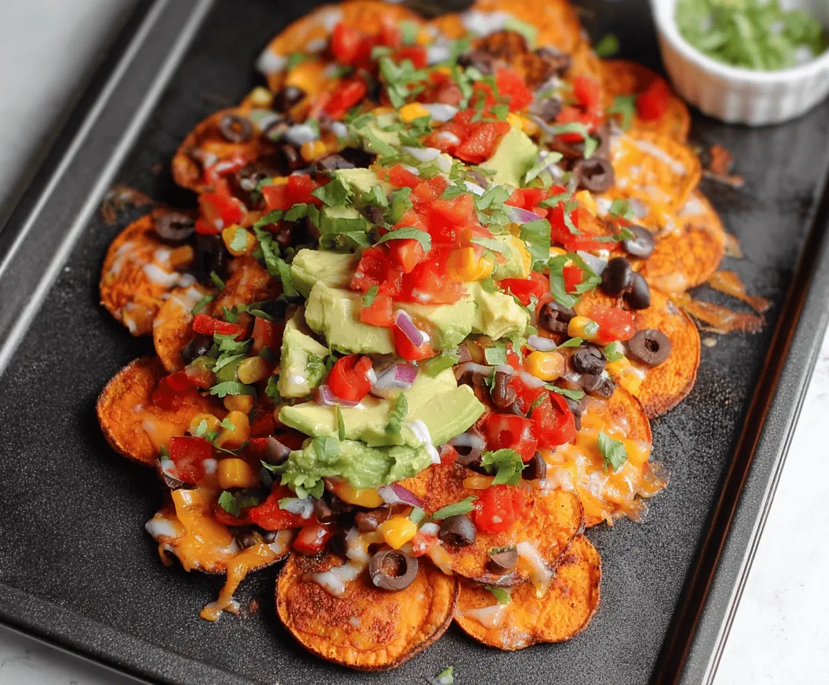 Delicious Sweet Potato Loaded Nachos topped with cheese, avocado, and jalapenos on a serving platter.