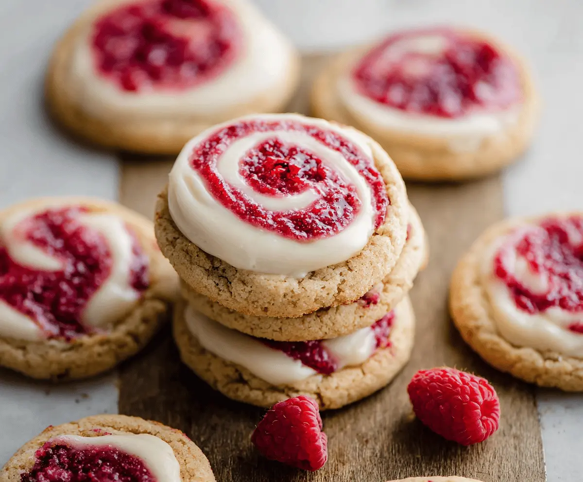 Delicious swirled raspberry cheesecake cookies with vibrant red raspberry swirl on a white plate.