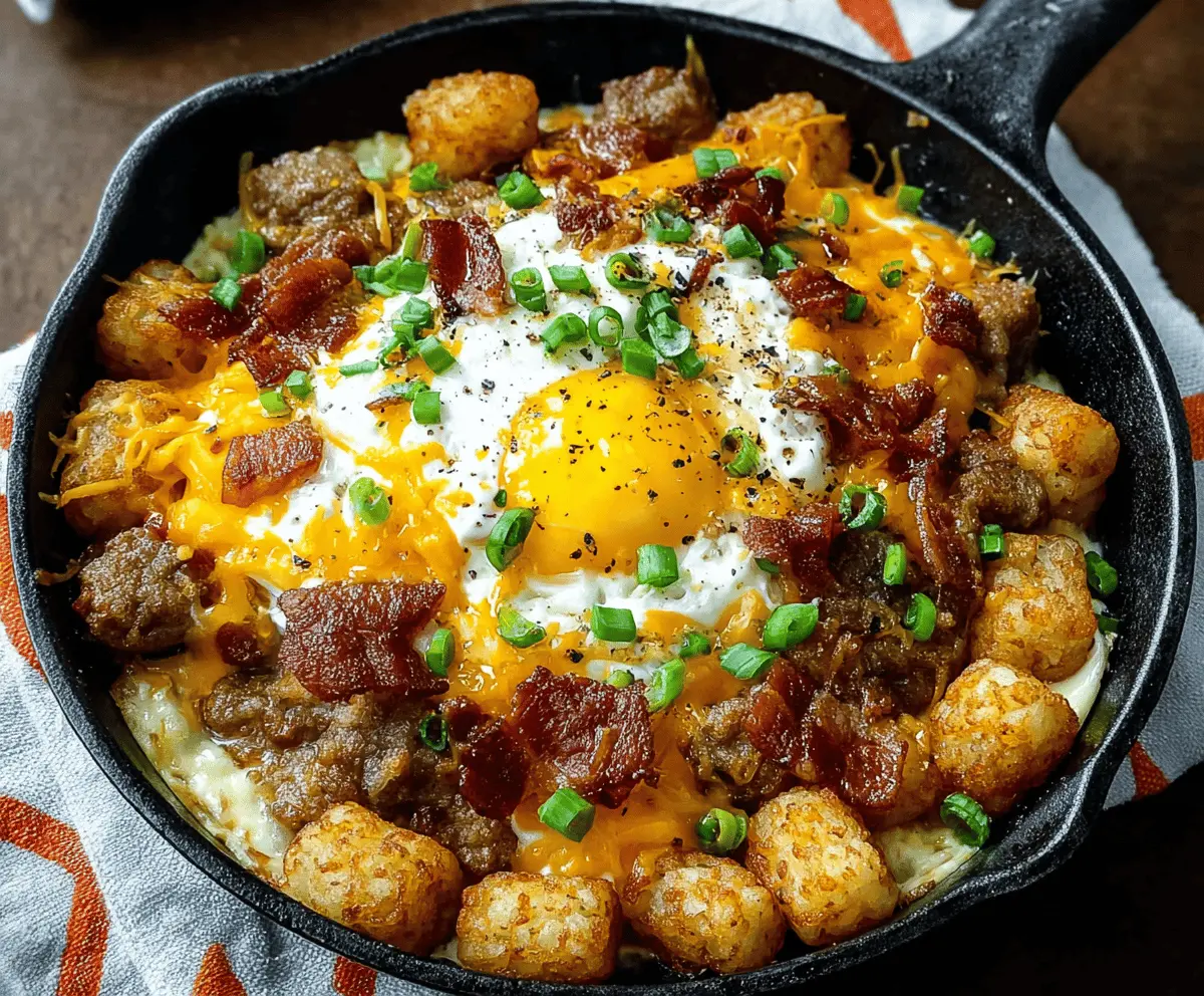 Savory Tater Tot Breakfast Skillet with eggs, cheese, and vegetables on a skillet.