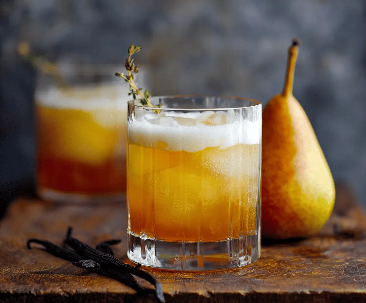 Refreshing Vanilla Pear Bourbon Cocktail in a glass garnished with a pear slice and vanilla bean.