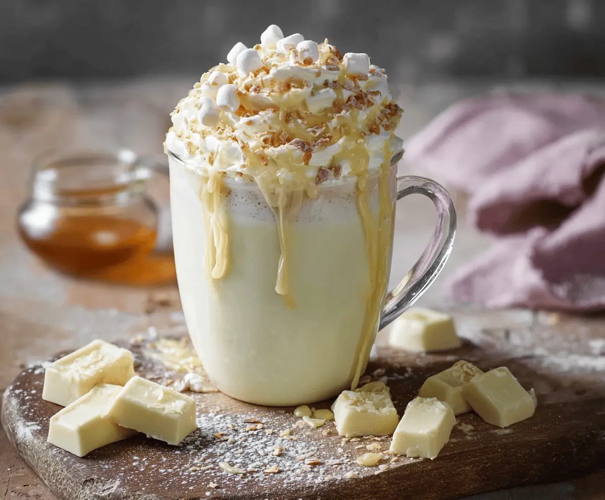 Creamy white hot chocolate topped with whipped cream and sprinkles for a cozy winter drink.