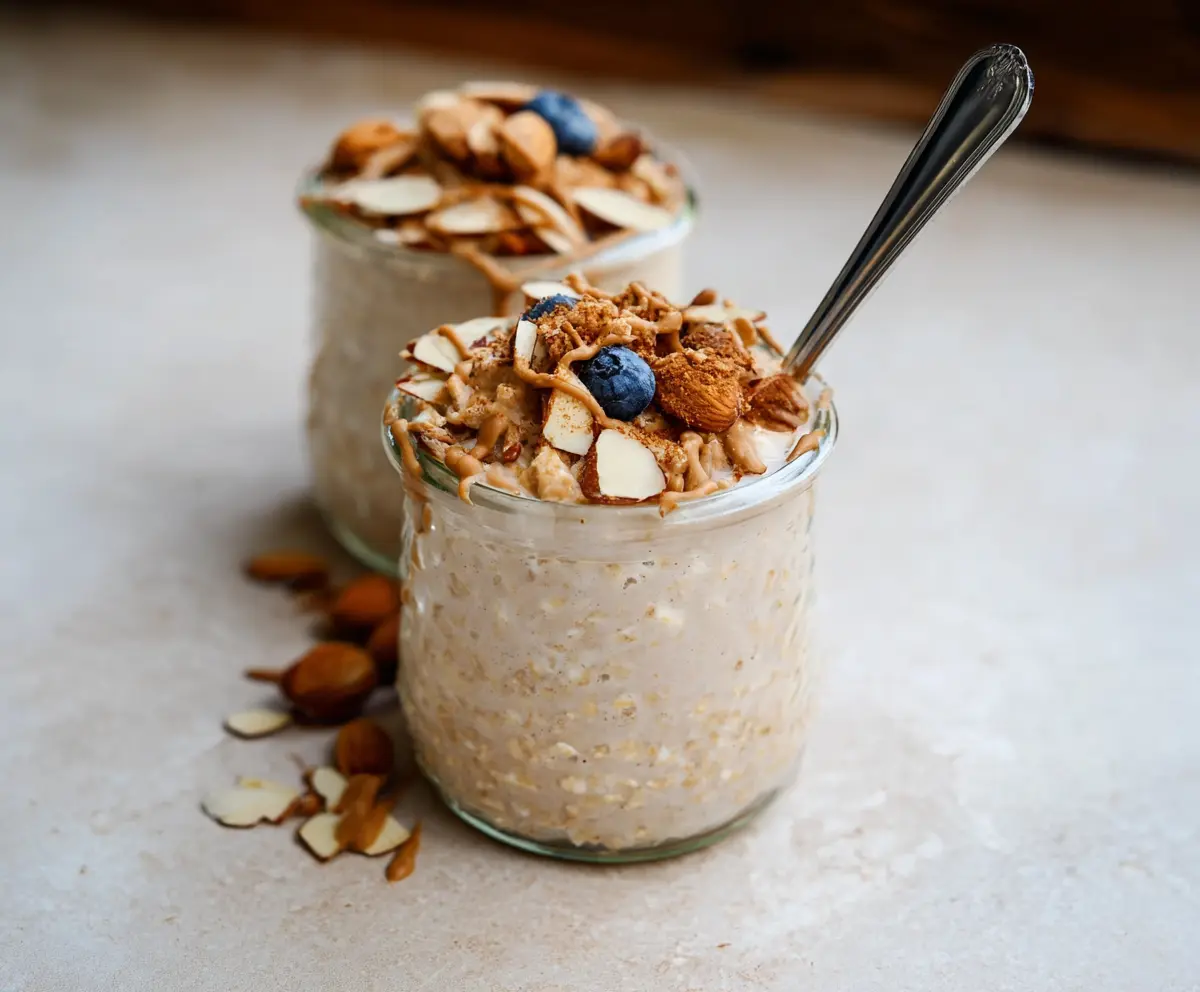 Creamy Almond Croissant Overnight Oats in a glass jar with fresh almonds on top
