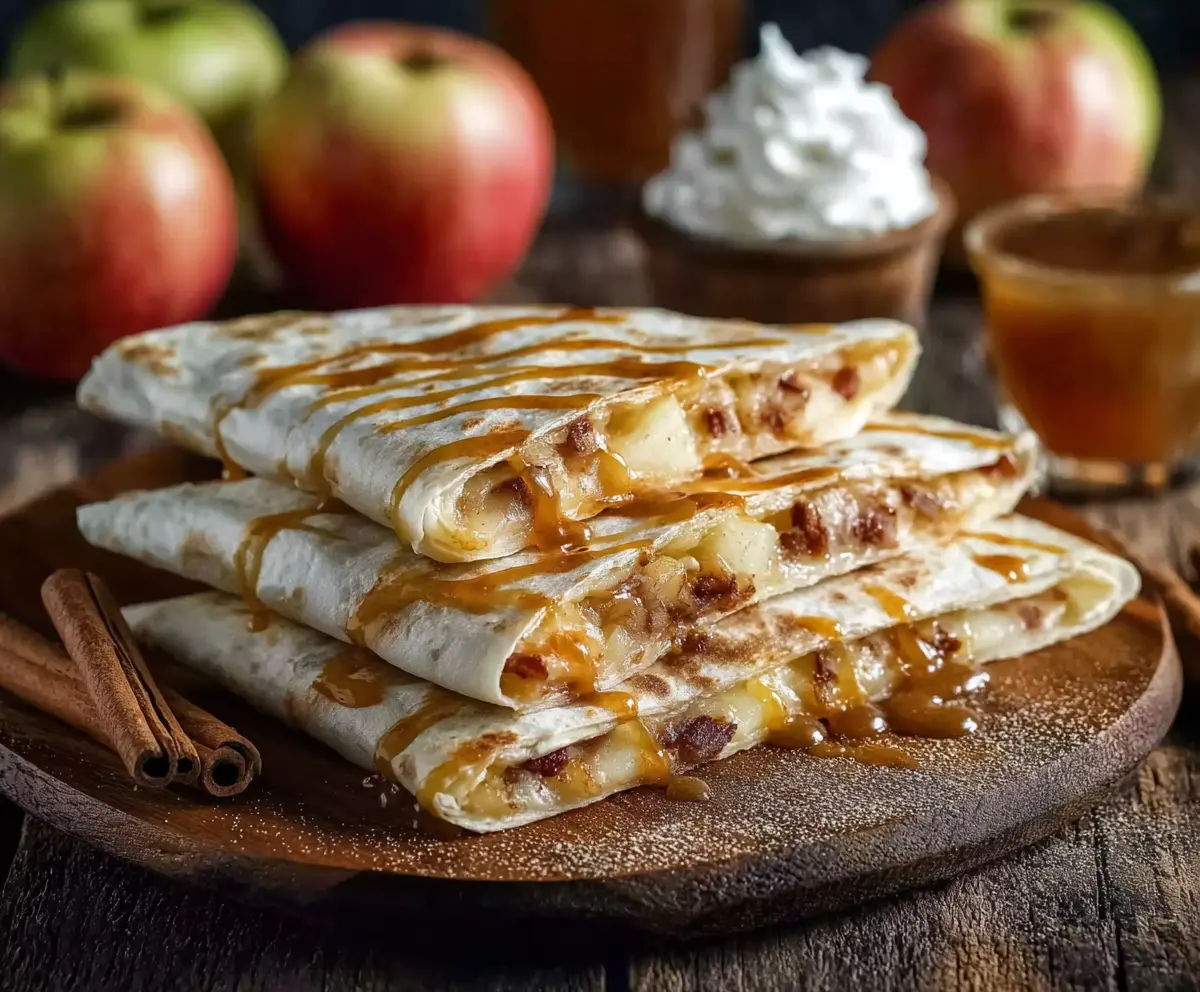 Golden apple cinnamon breakfast quesadillas with melted cheese and crispy tortilla exterior.