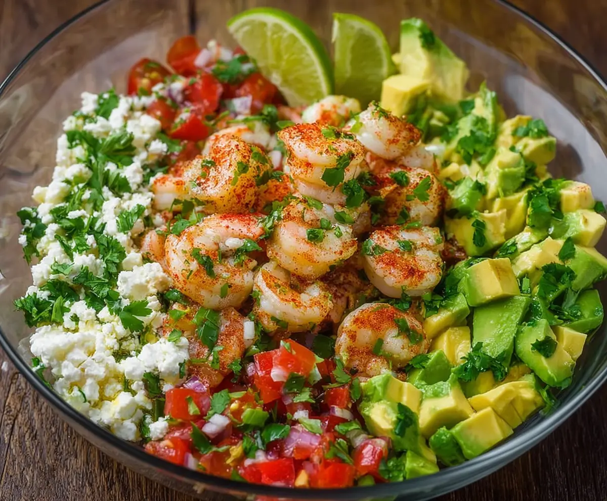 Fresh avocado salsa shrimp salad served in a bowl, highlighting vibrant green avocados and succulent shrimp.