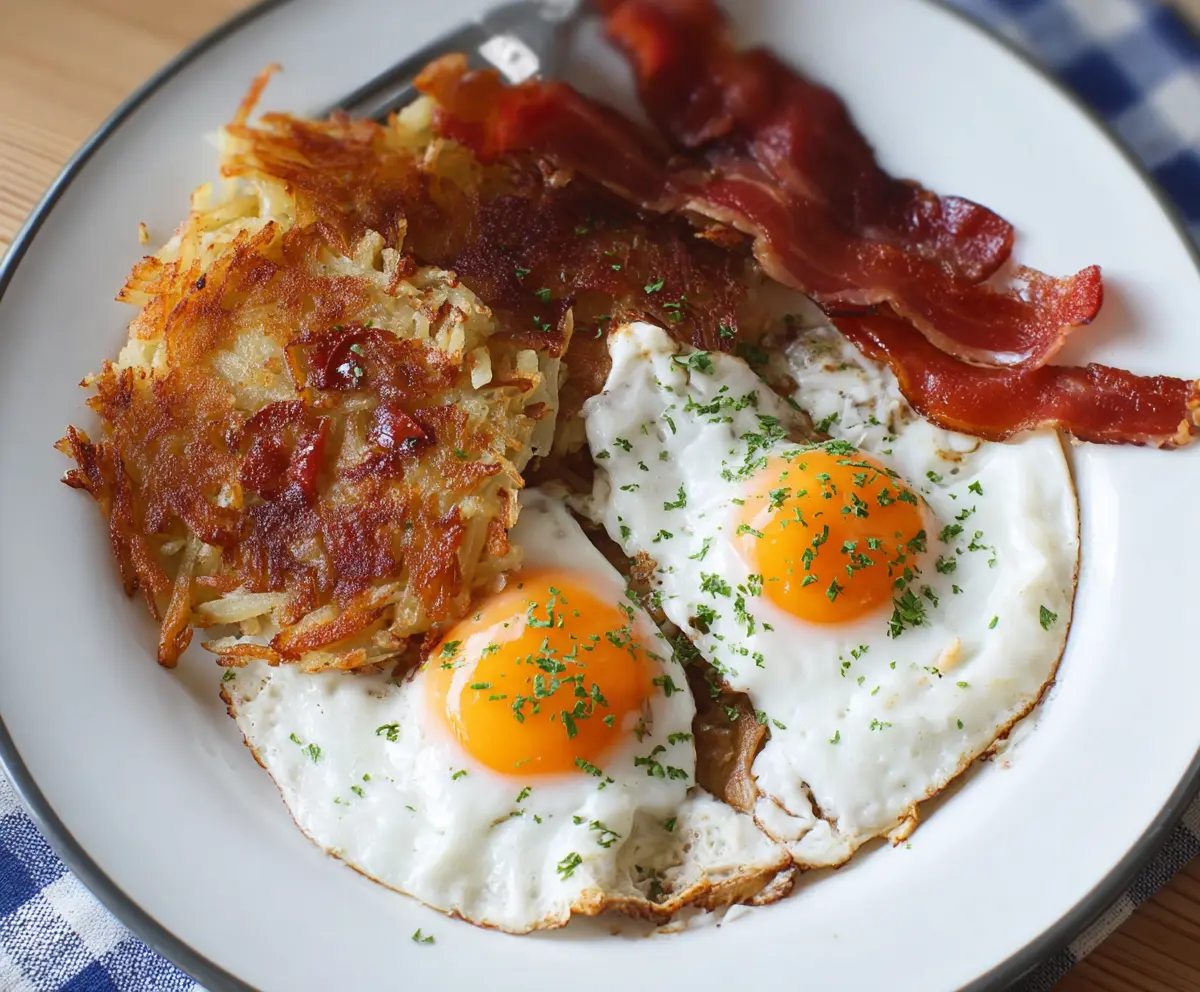 Savory bacon hash browns with crispy eggs on top, perfect for breakfast or brunch.