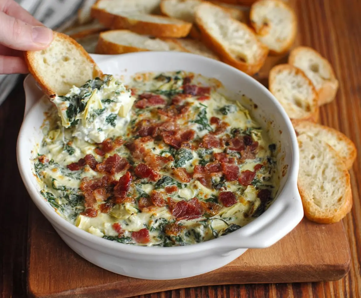 Creamy bacon, spinach, and artichoke dip served in a bowl for savory appetizer.
