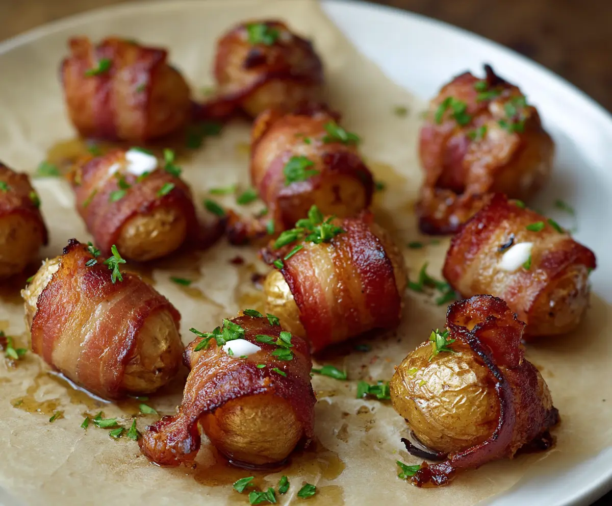 Crispy bacon-wrapped potato bites served on a white platter with fresh herbs.
