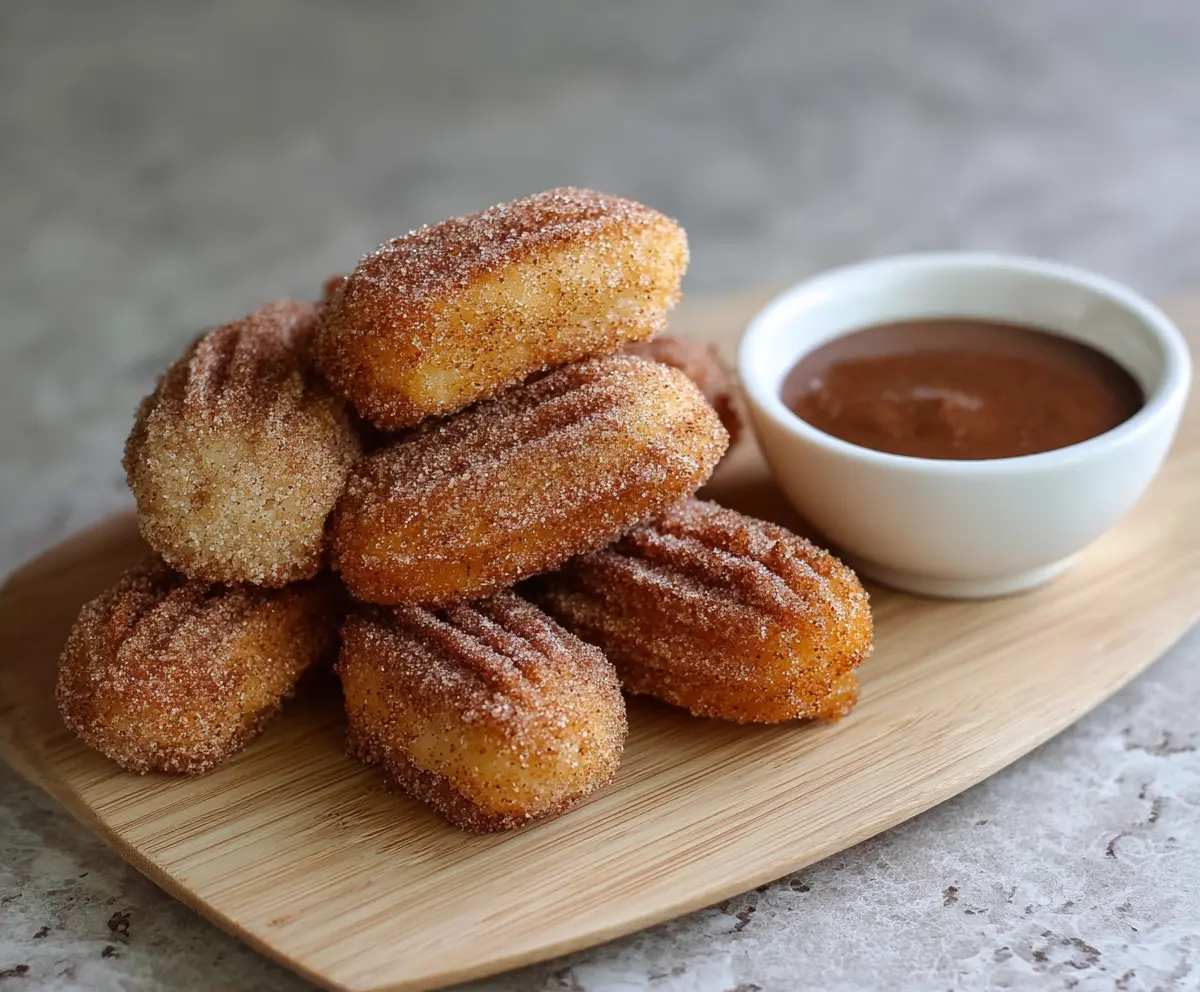 Delicious baked churro bites sprinkled with cinnamon sugar on a white plate