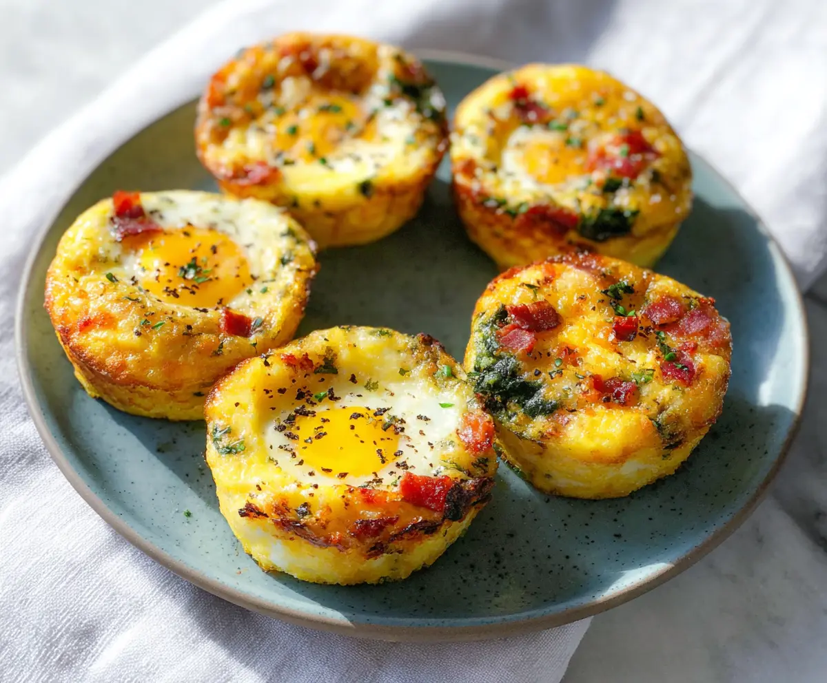 Delicious baked egg breakfast cups with cheese and vegetables in muffin tins