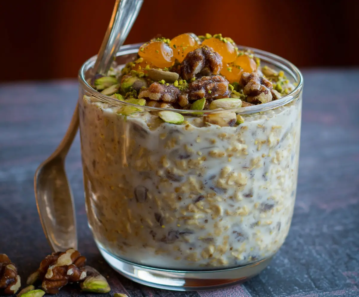 Delicious Baklava Overnight Oats topped with chopped nuts and honey, perfect for breakfast.