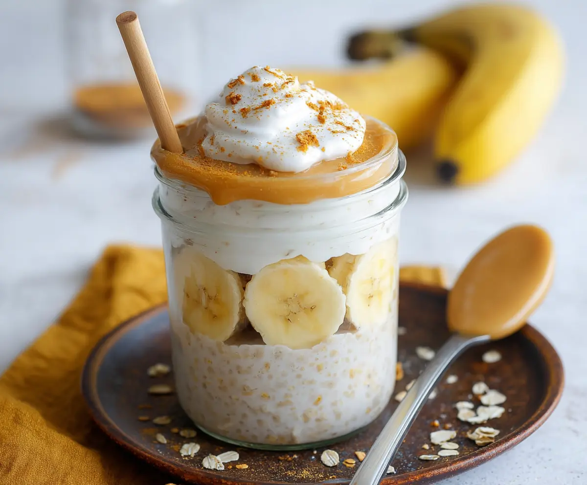 Delicious Banana Cream Pie Protein Overnight Oats in a glass jar with banana slices and cream topping.