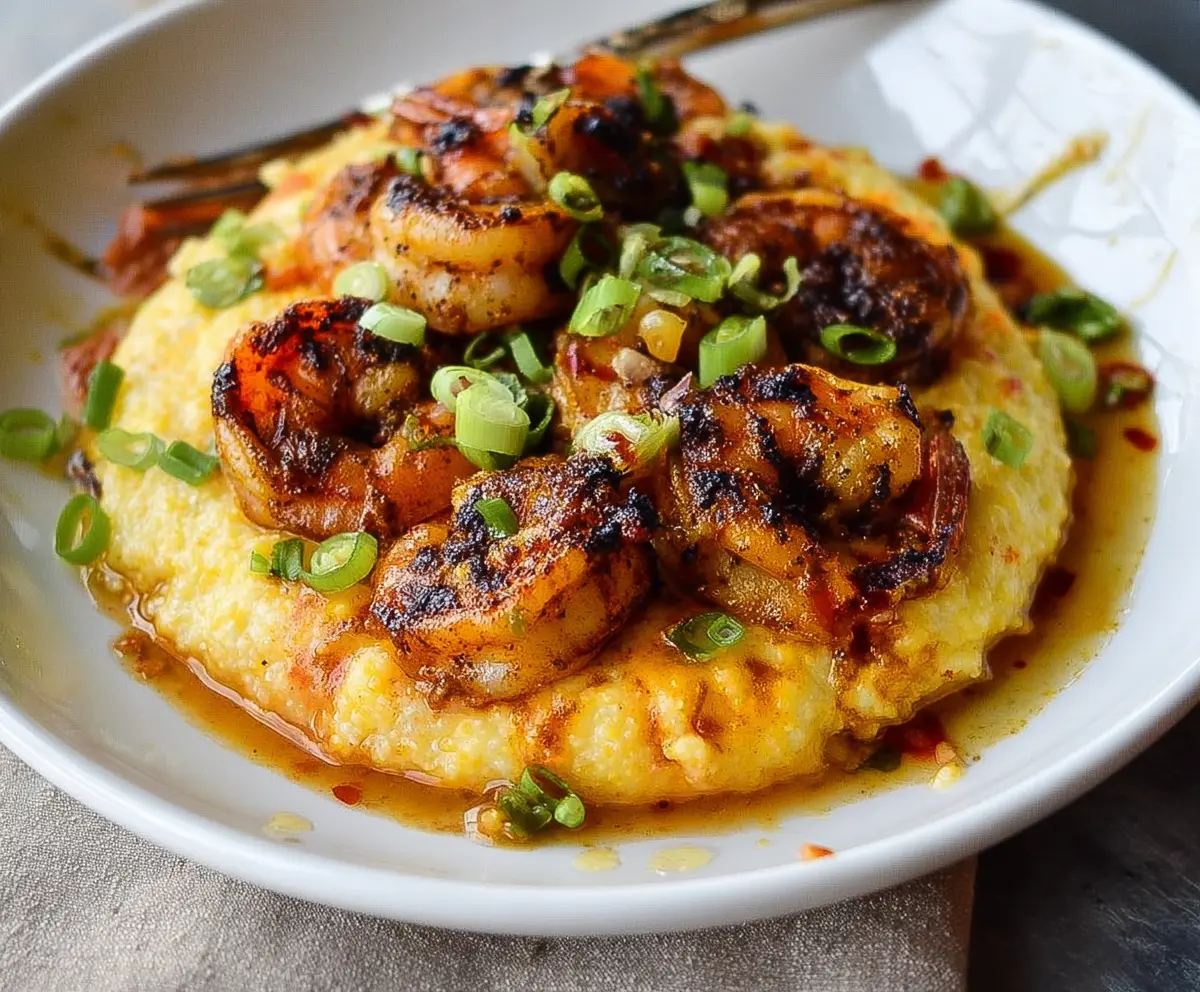 Delicious blackened shrimp served over creamy cheesy grits, perfect for a flavorful Southern-style dish.