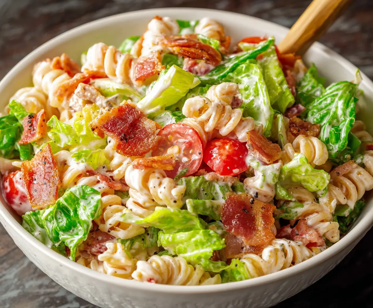Fresh BLT pasta salad with crispy bacon, cherry tomatoes, and spinach in a creamy dressing.