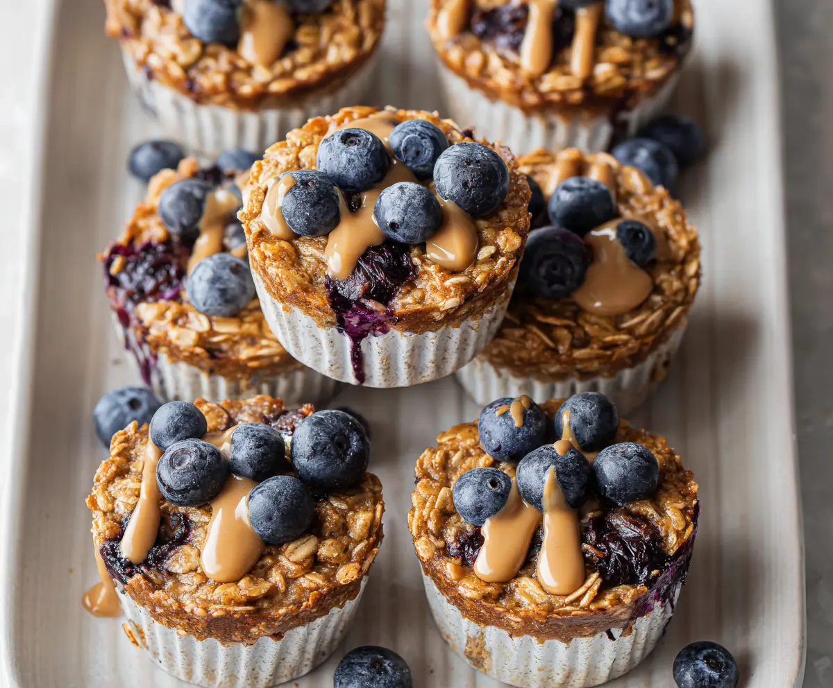 Delicious Blueberry Banana Baked Oatmeal Cups served in a white bowl on a wooden table.