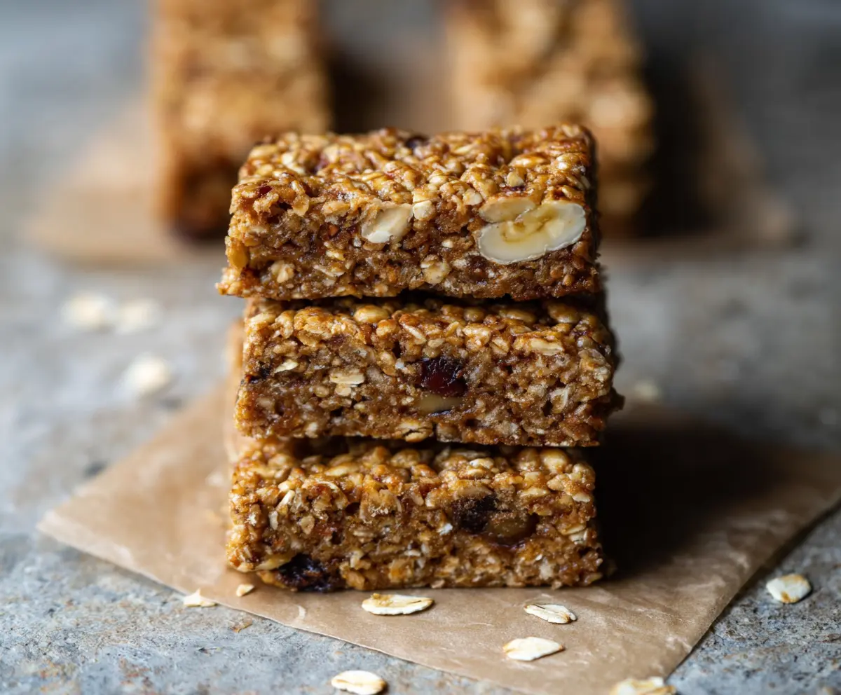 Homemade breakfast bars with oats, nuts, and dried fruits on a white plate.