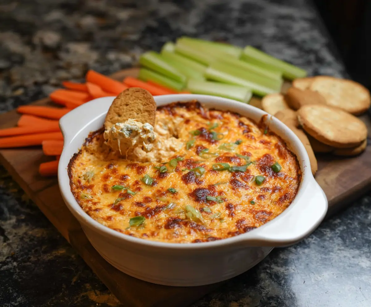 Creamy Buffalo Chicken Dip with shredded chicken, hot sauce, and melted cheese served as a spicy appetizer.