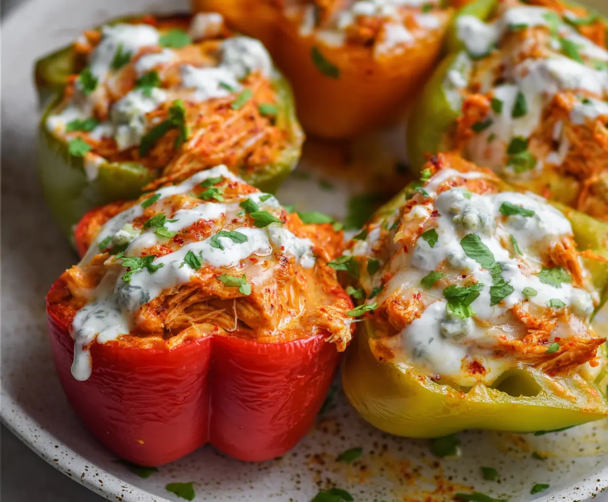Delicious buffalo chicken stuffed peppers garnished with fresh herbs on a plate.