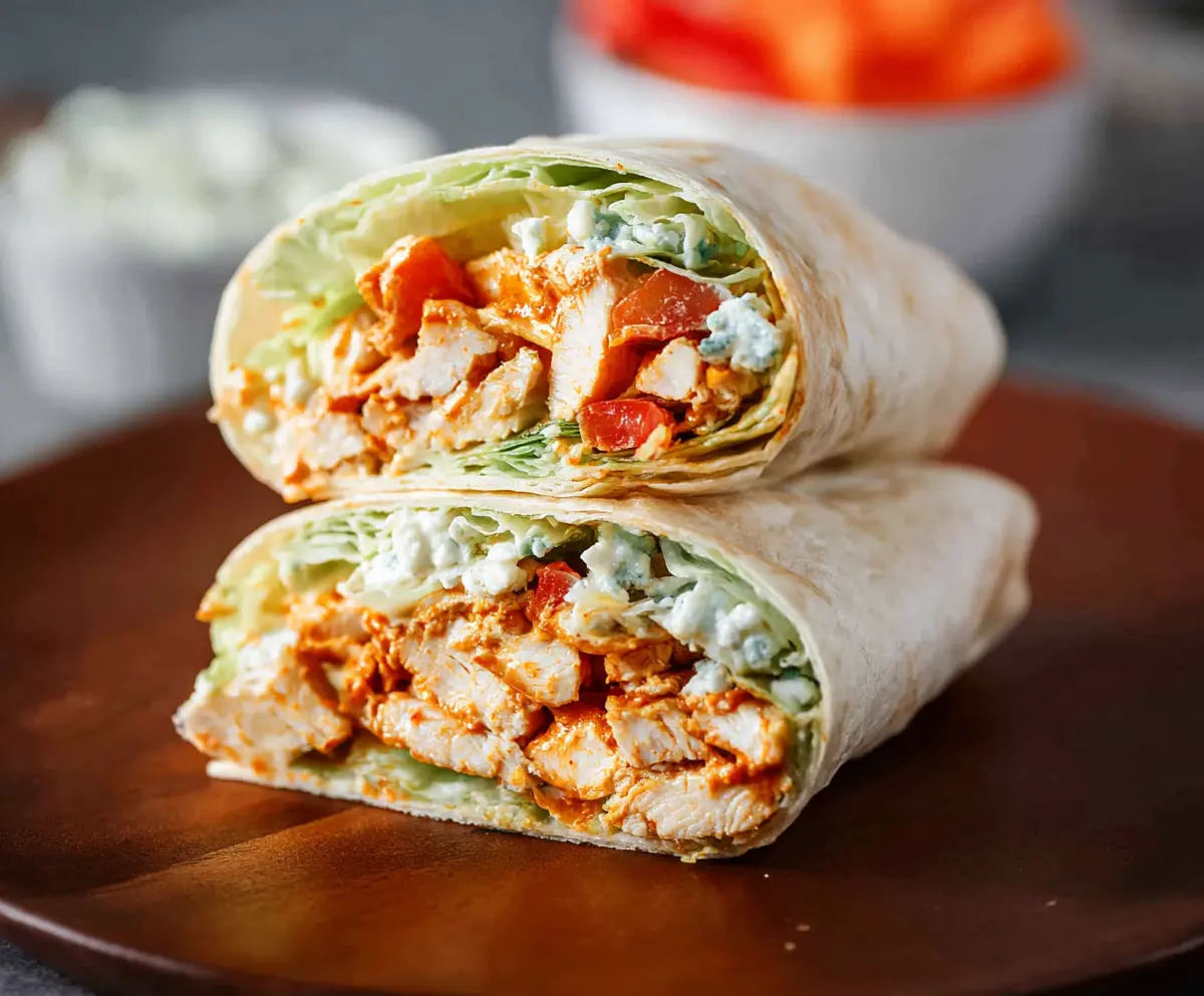 Delicious buffalo chicken wrap with fresh vegetables and spicy sauce, perfect for lunch or dinner.