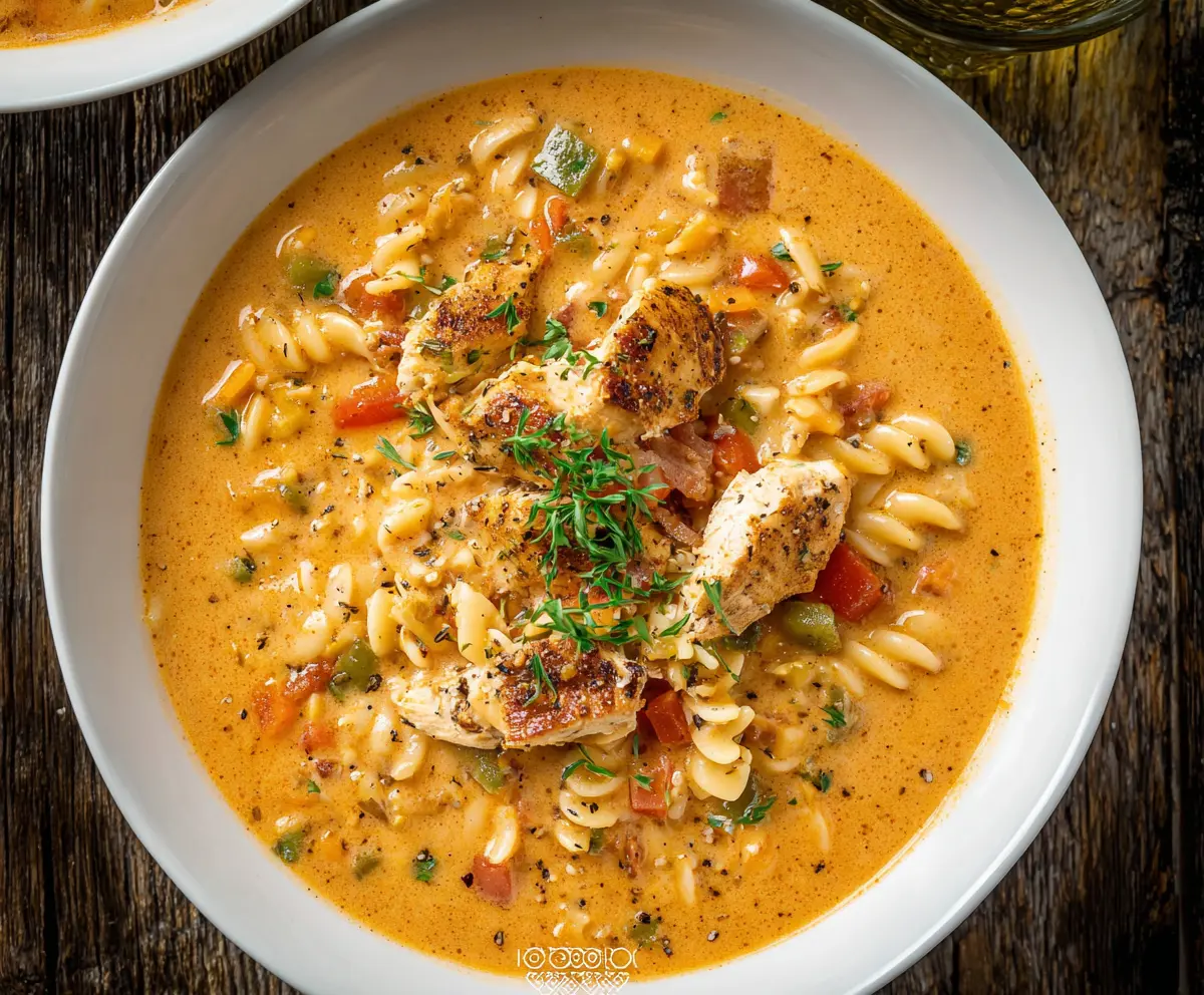 Delicious Cajun Chicken Soup Pasta in a bowl with fresh herbs and creamy sauce