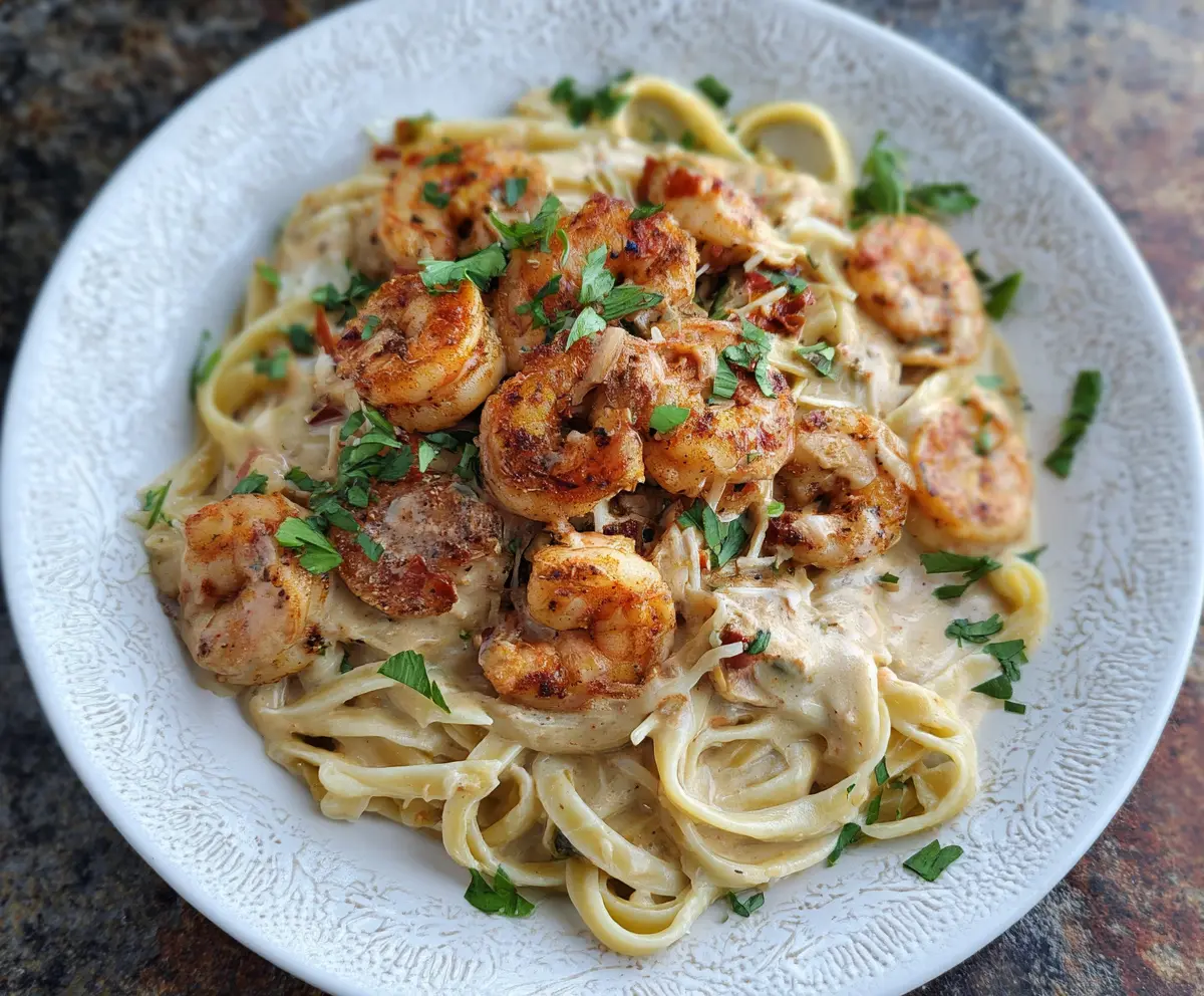 Creamy Cajun Shrimp Alfredo pasta dish with spicy seasoning and fresh shrimp