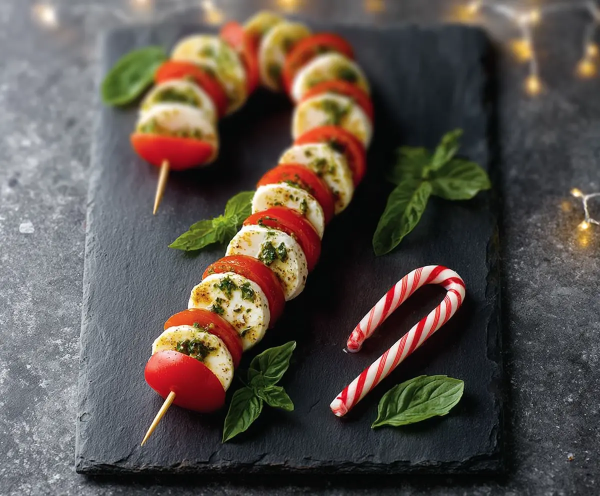 Festive Candy Cane Caprese Skewers on a holiday platter with fresh basil and mozzarella.