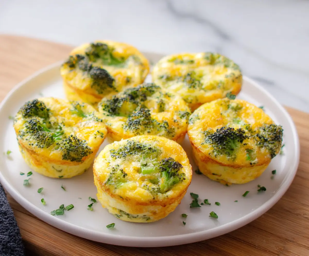 Cheddar broccoli egg muffins in a baking dish, healthy breakfast recipe